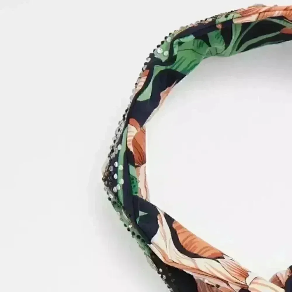 Aldo Women's Green/Navy/Peach Floral with Rhinestone Accents Hair Headband - NEW